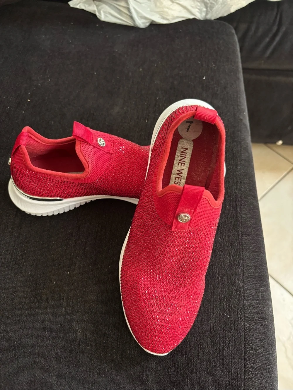 Nine West Red Slip-On Knit Sneakers with Crystal Detail